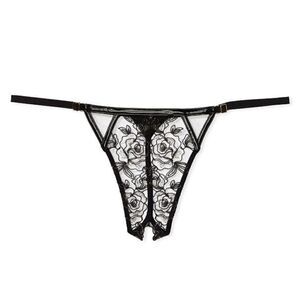 Victoria’s Secret Rose Embroidery Thong VS Open Crotch Black & Gold Floral Lace